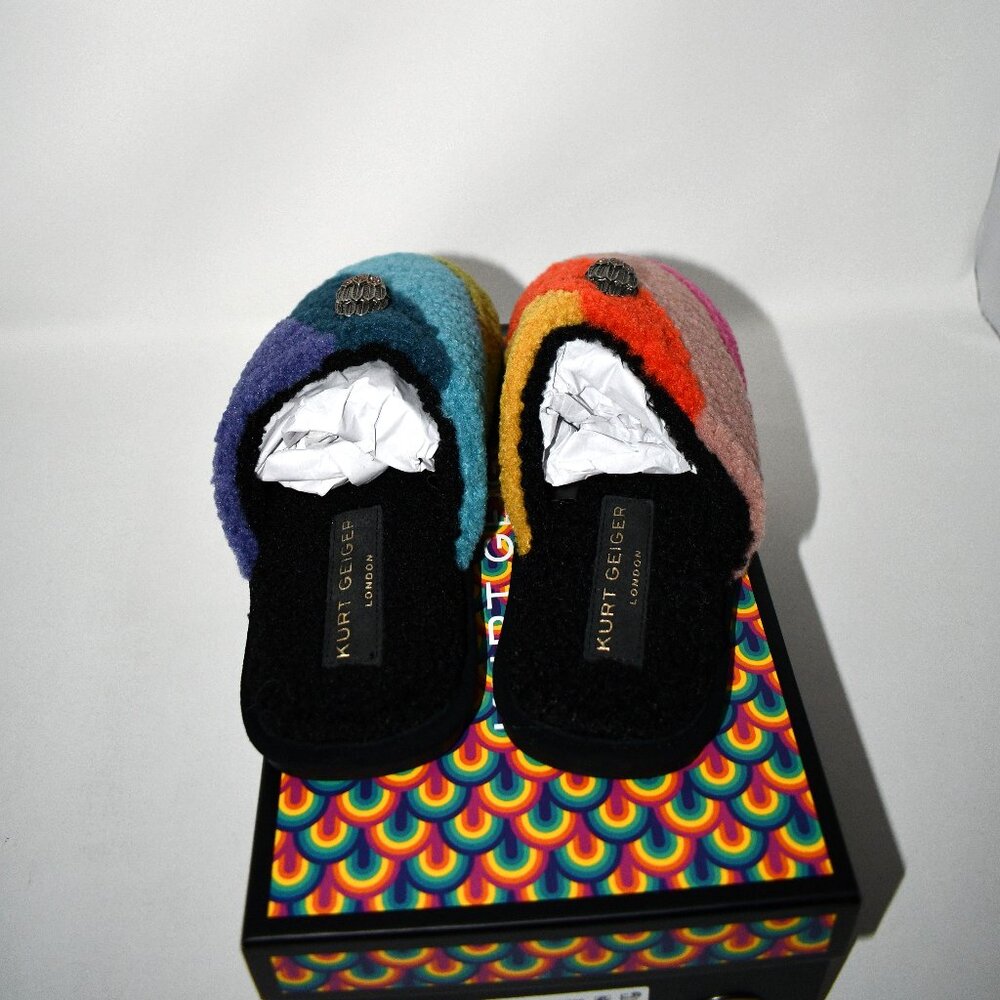 Kurt Geiger Kensington Faux Shearling Rainbow Logo Ornament Slippers in Multi 10 - Picture 5 of 7